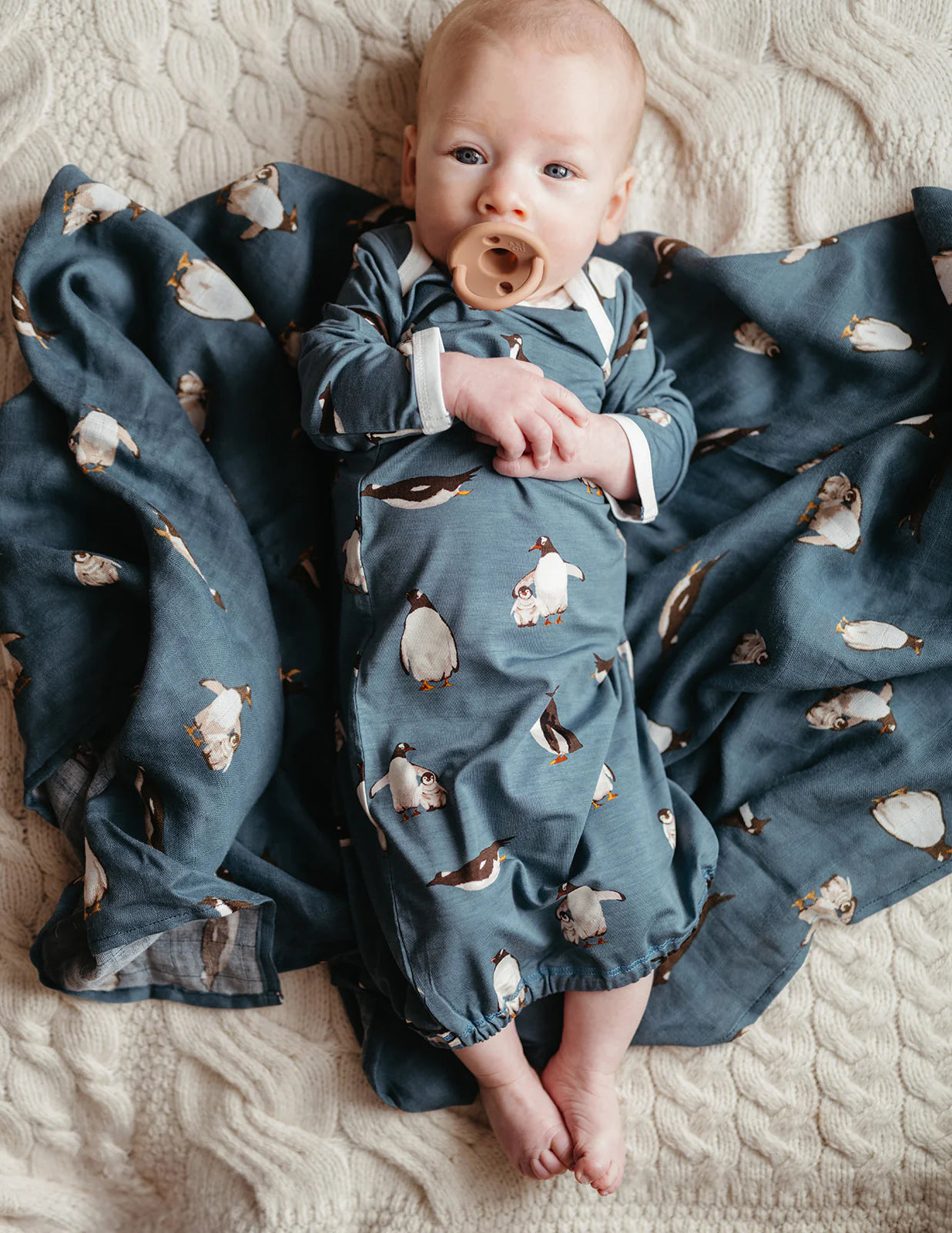 Penguin Luxe Stretch Newborn Gown & Hat Set