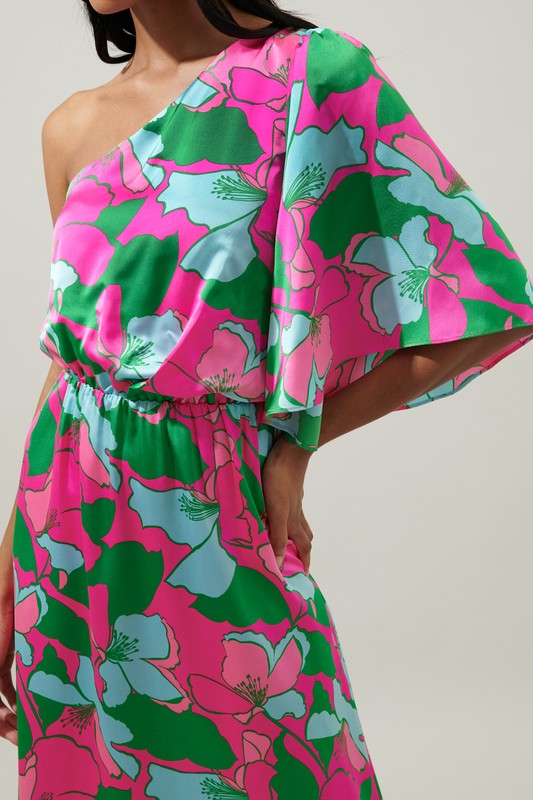 Pitaya Berry One Shoulder Satin Maxi Dress