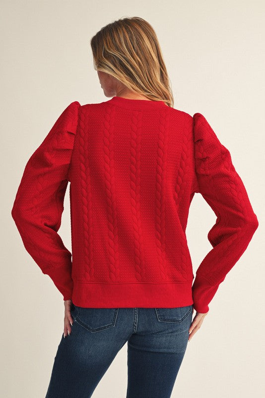 Puff Shoulder Textured Fabric Casual Top