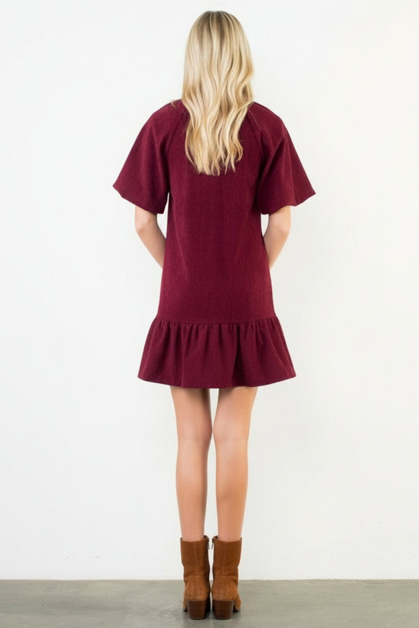 THML Puff Sleeve Corduroy V-neck Dress