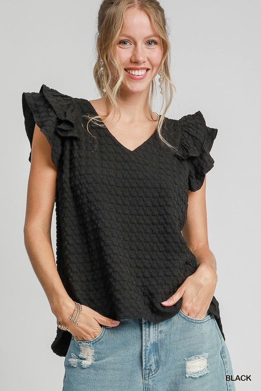 Jacquard V-Neck Ruffle Sleeve Tank Top