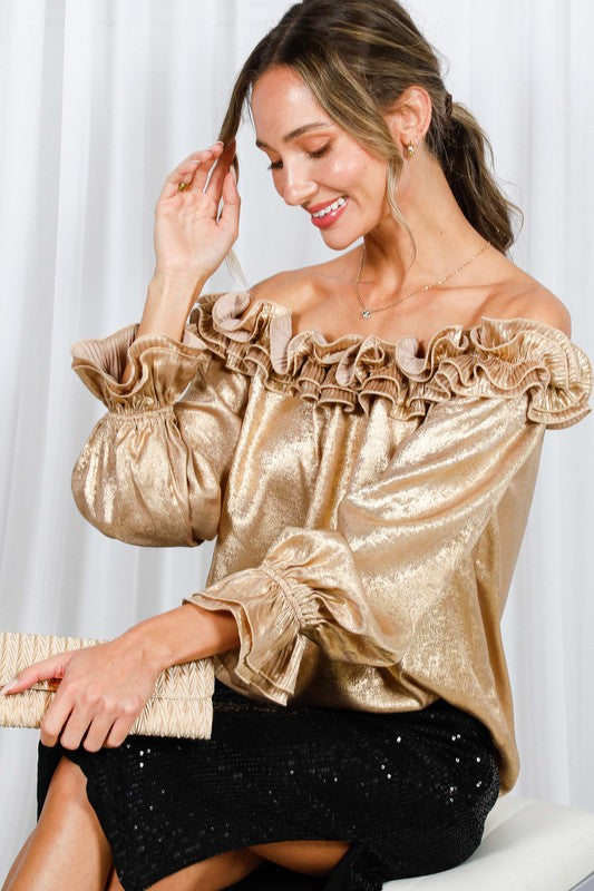 Ruffle Off The Shoulder Metallic Blouse