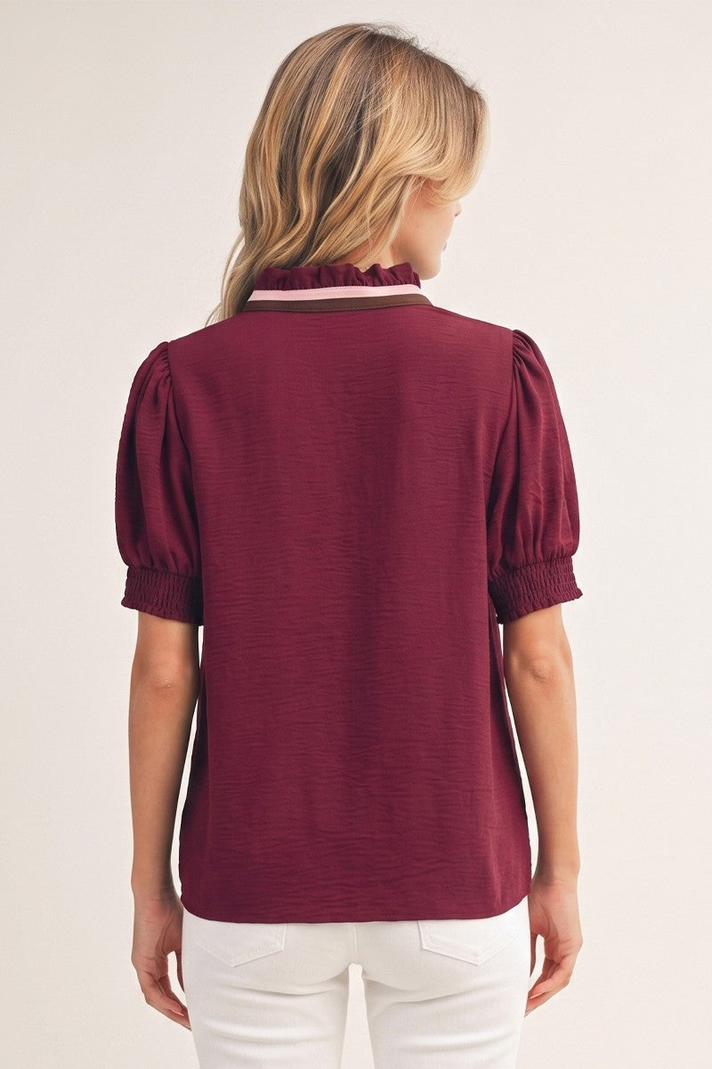 Ruffled Neckline Solid Crinkle Top