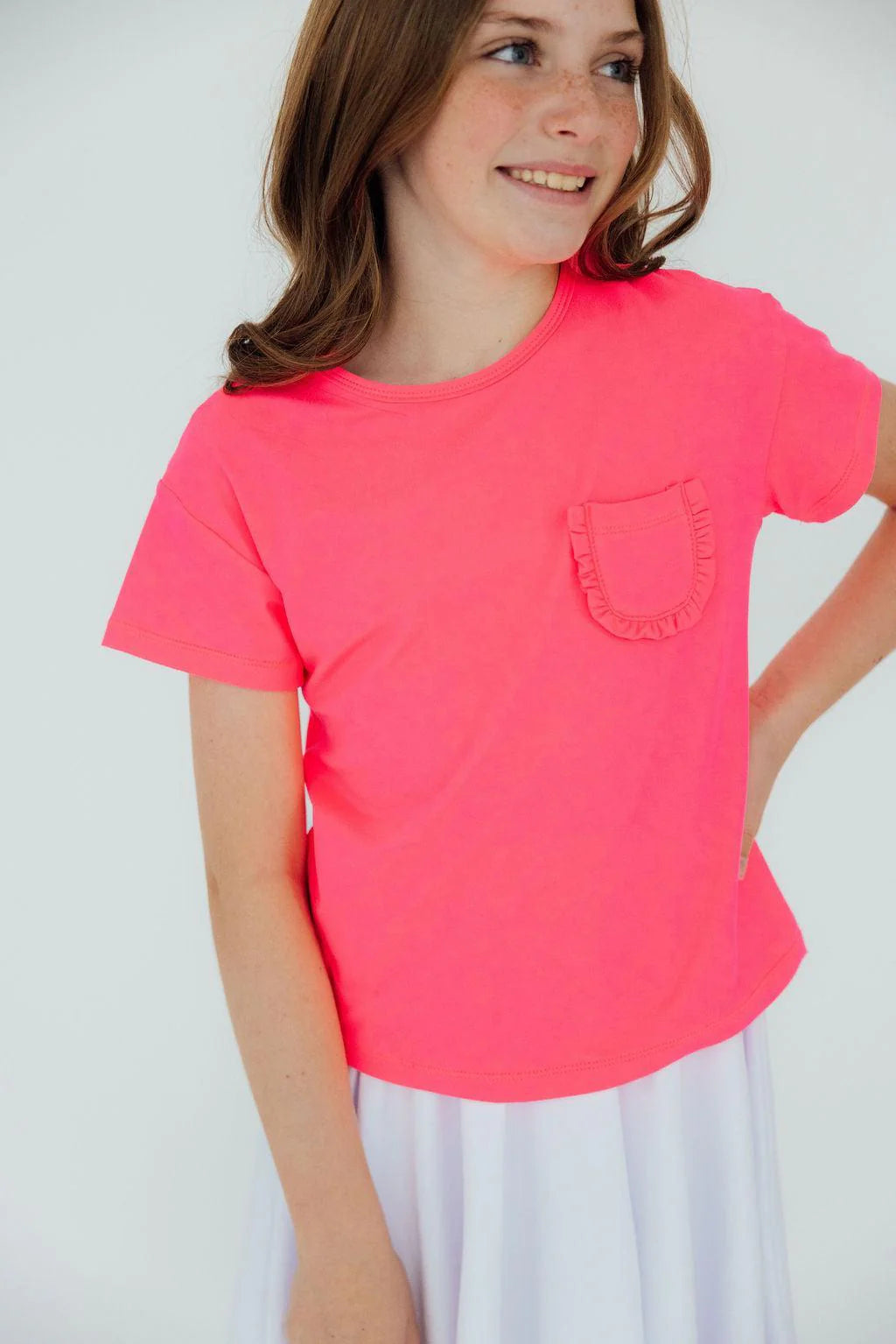 Girls Neon Pink Ruffle Pocket Tee