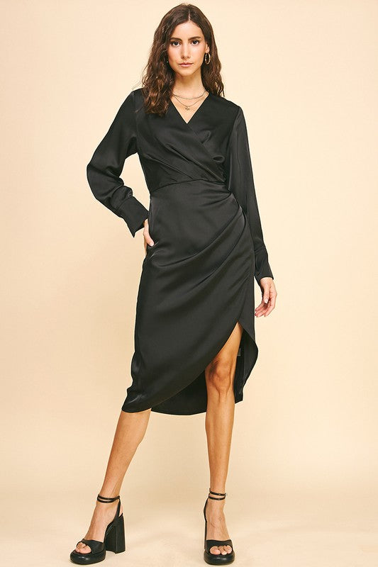satin tulip dress Sylvie Satin Short Sleeve Tulip Midi Dress