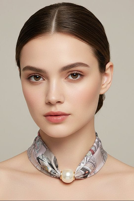 Necklace with a patterned scarf and pearl-like bead on a black background