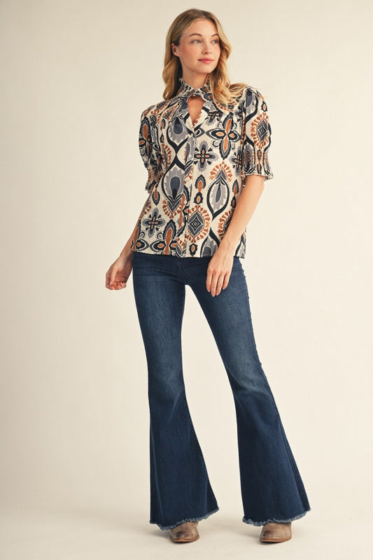 Smocked V Neck Boho Top Black