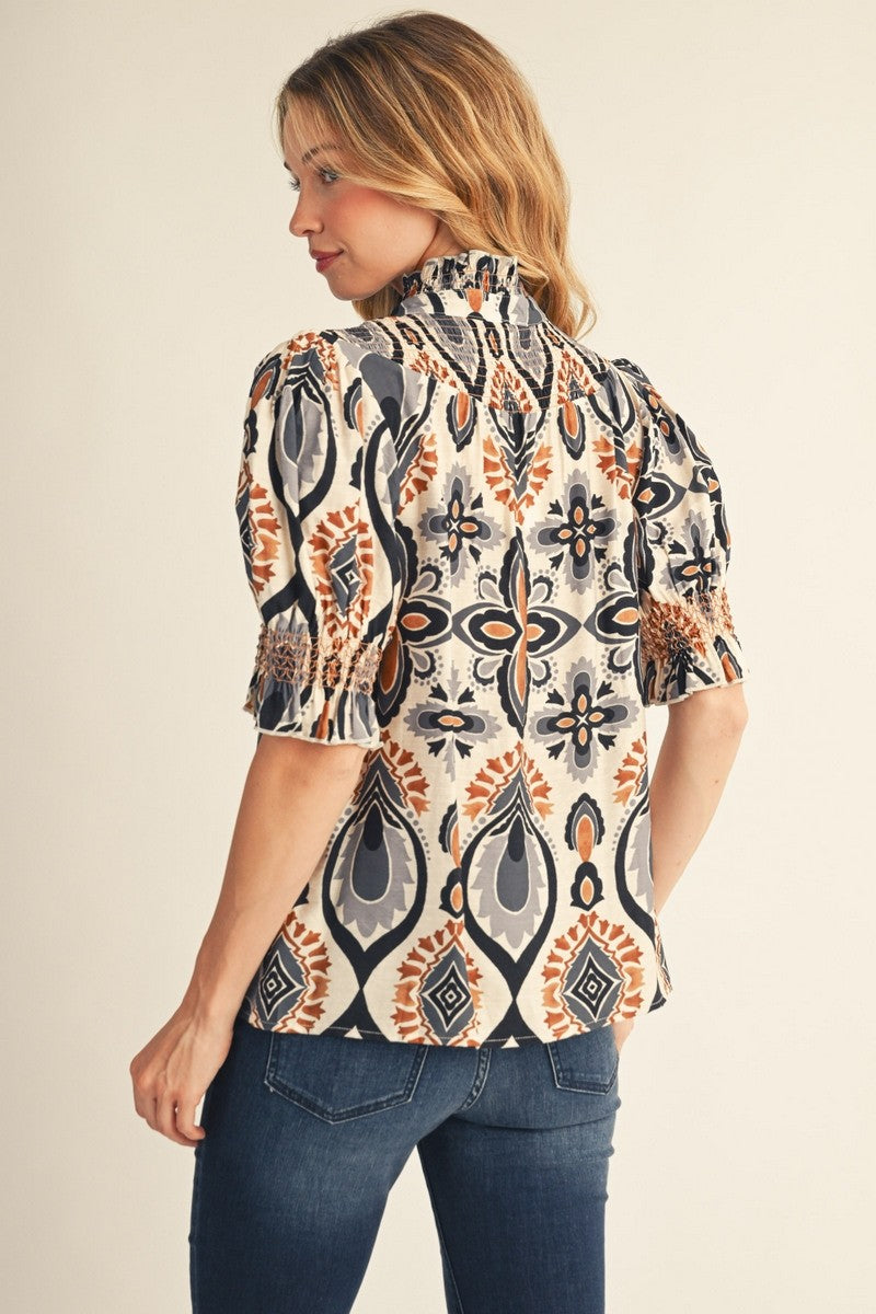 Smocked V Neck Boho Top Black