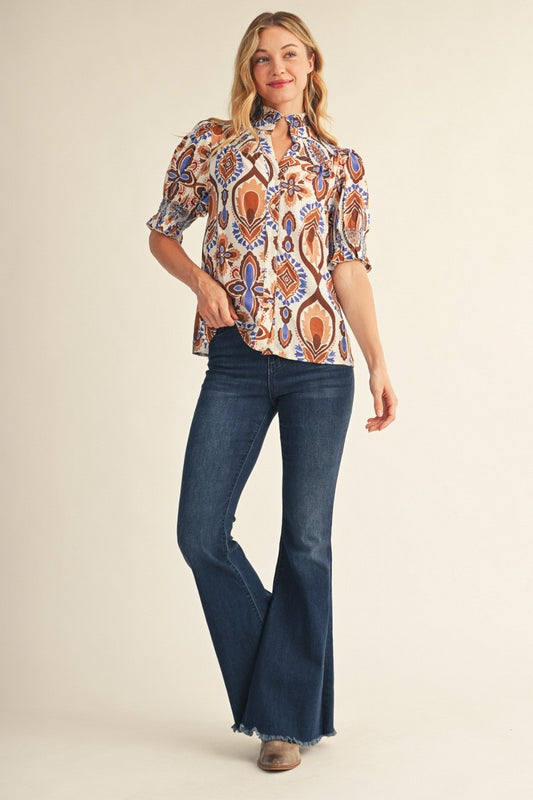 Smocked V Neck Boho Top