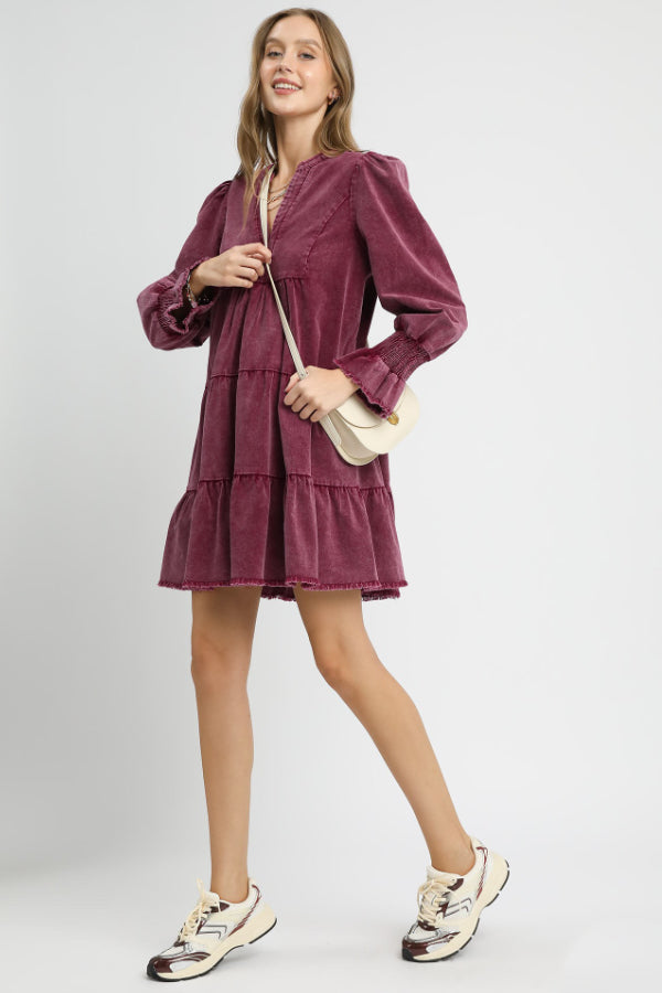 Stone Washed V-Neck Dress Wine