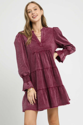 Stone Washed V-Neck Dress Wine
