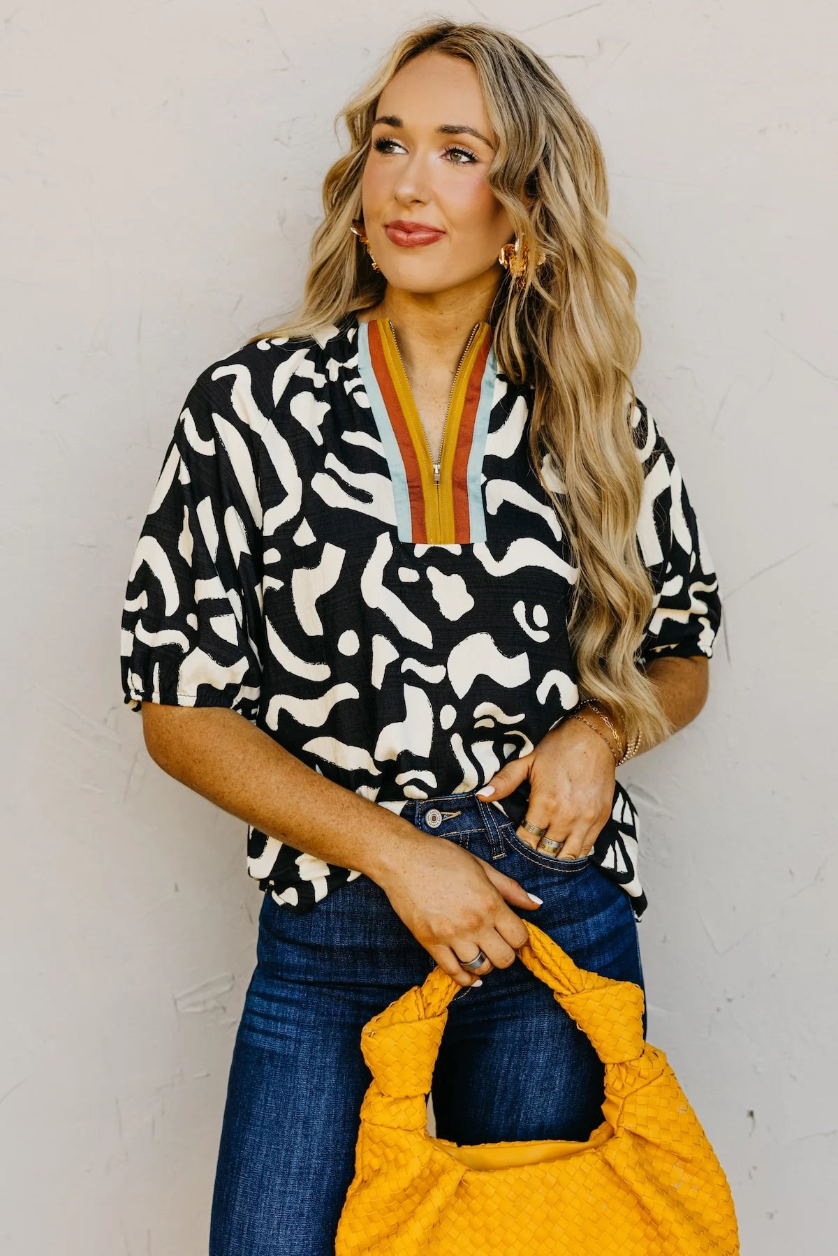 THML Elly Quarter Zip Print Top