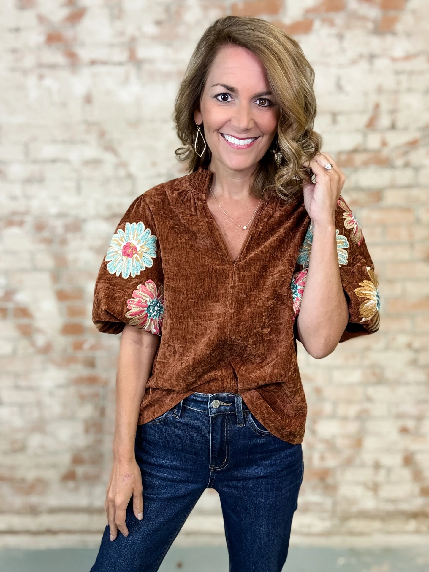 THML Velvet Fall Floral Embroidered Top