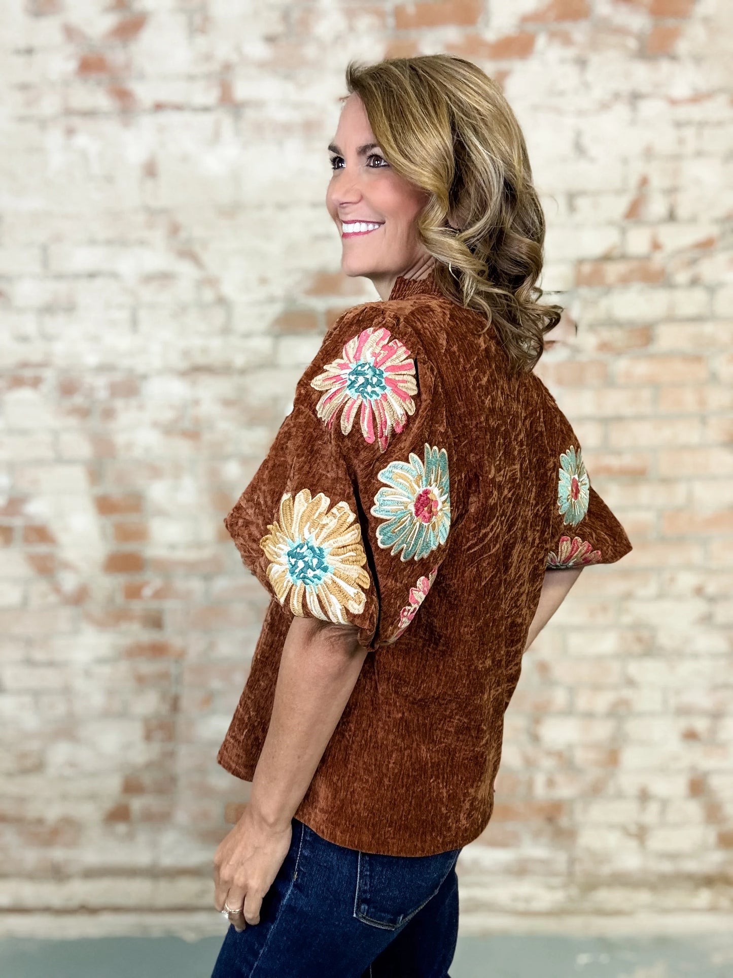 THML Velvet Fall Floral Embroidered Top