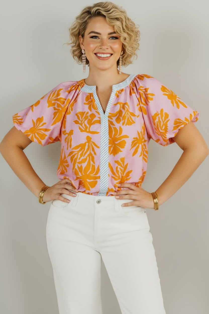 THML Floral V Neck Contrast Top