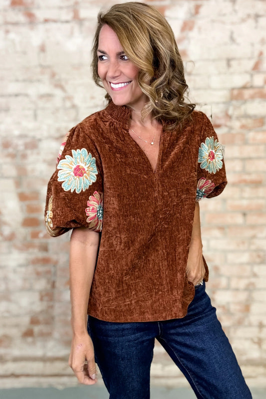 THML Velvet Fall Floral Embroidered Top