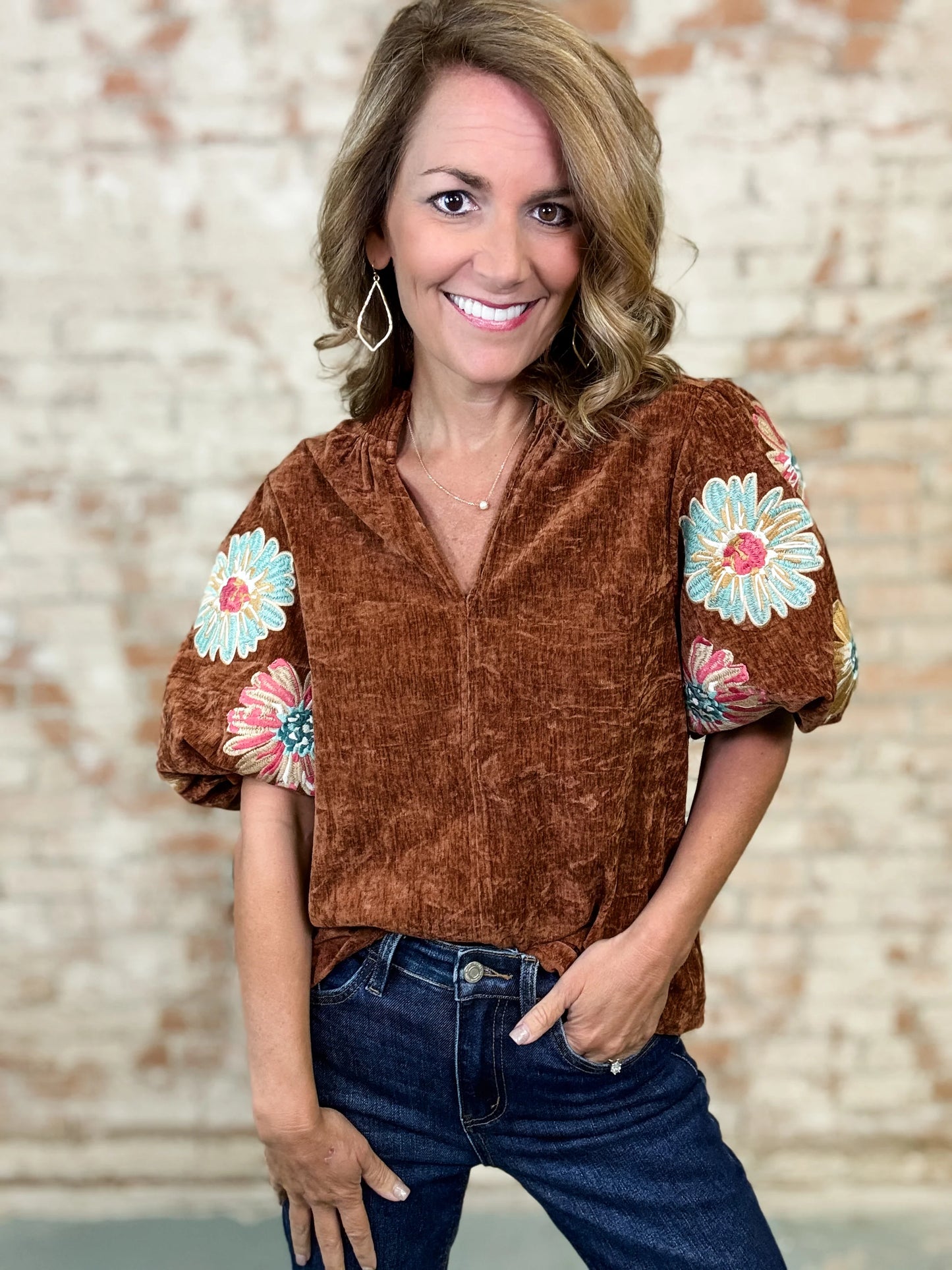 THML Velvet Fall Floral Embroidered Top