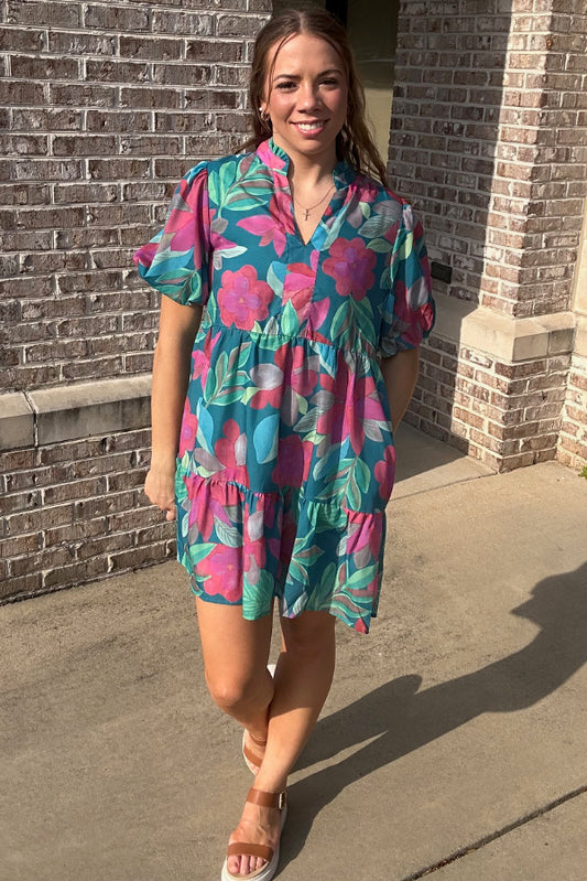 Teal Floral Print Dress