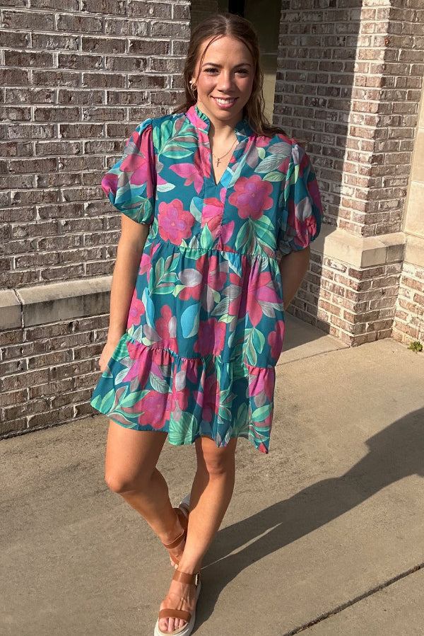 Teal Floral Print Dress