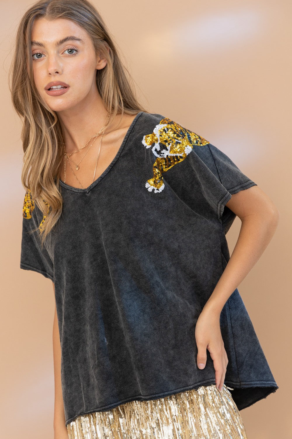 Tiger Sequin Patch Top