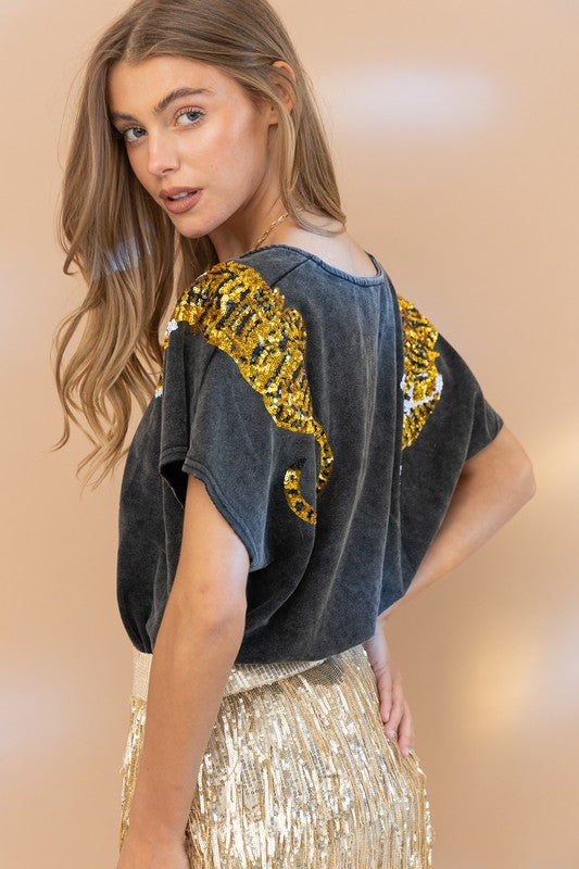 Tiger Sequin Patch Top