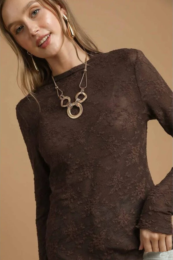 Brown Lace Long Sleeve Top