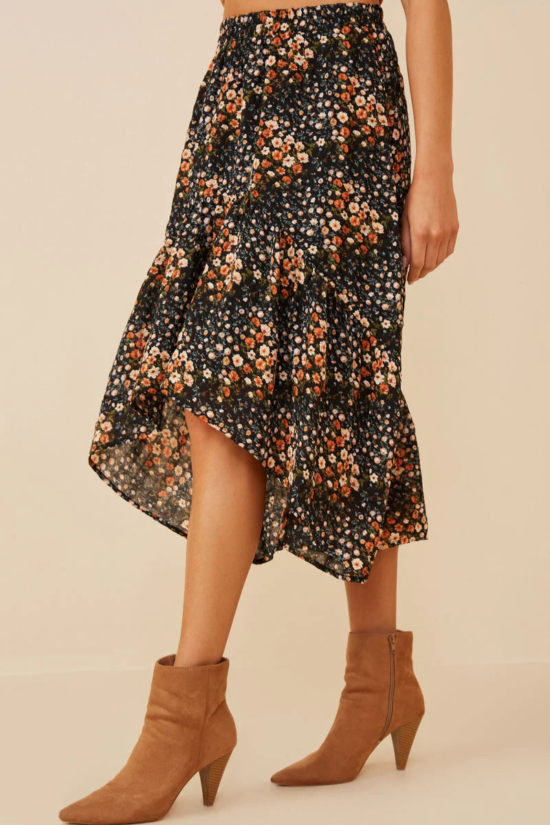 Floral Print Asymmetric Midi Skirt