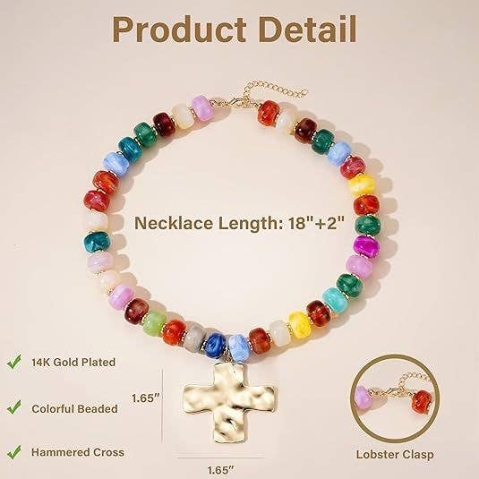 Flat Disc Bead Cross Pendant Necklace Adjustable Choker