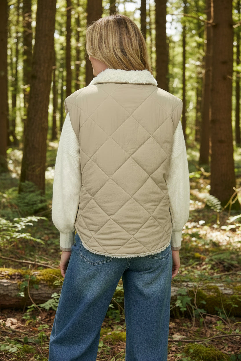 Quilted Zip Up Fleece Vest Cement