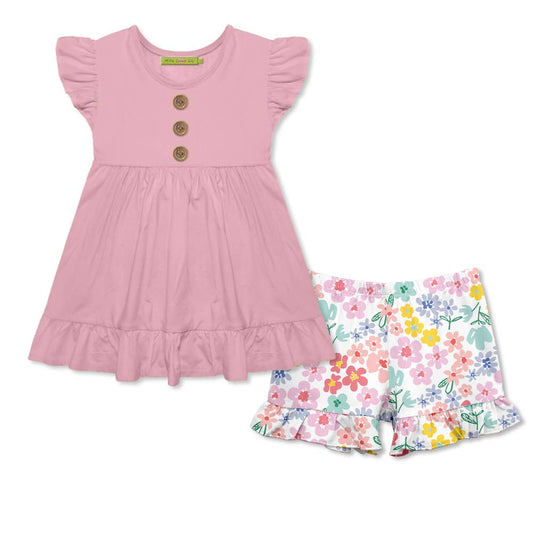 Pink Angel-Sleeve Top & Midtone Floral Ruffle Shorts
