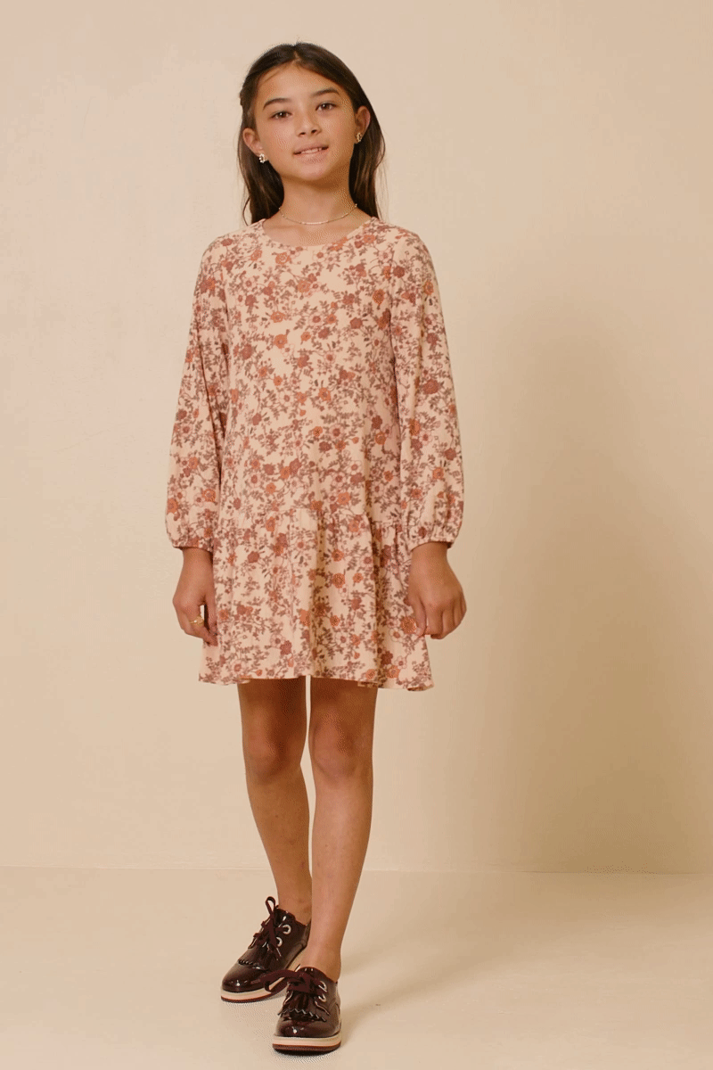 Girls Antique Floral Print Drop Waist Knit Dress
