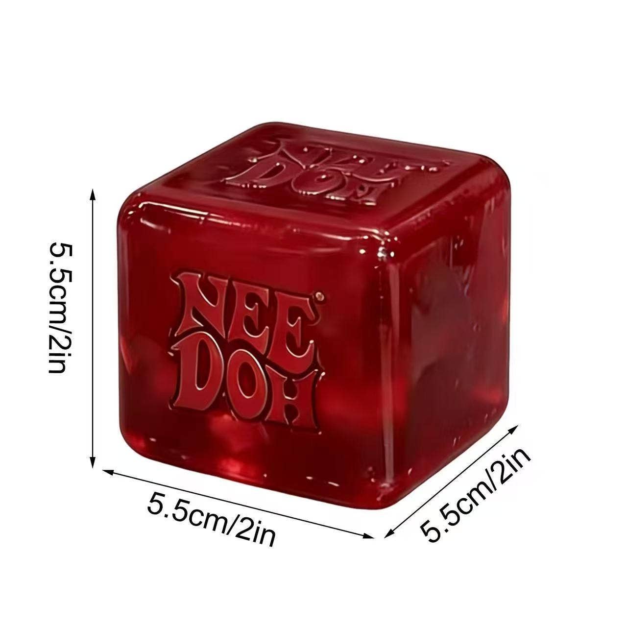 Red cube-shaped toy with 'NEE DOH' branding and dimensions on a white background
