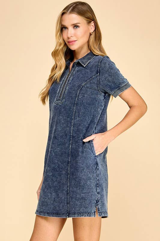 Stretch Denim Front Half Zipper Casual Dress
