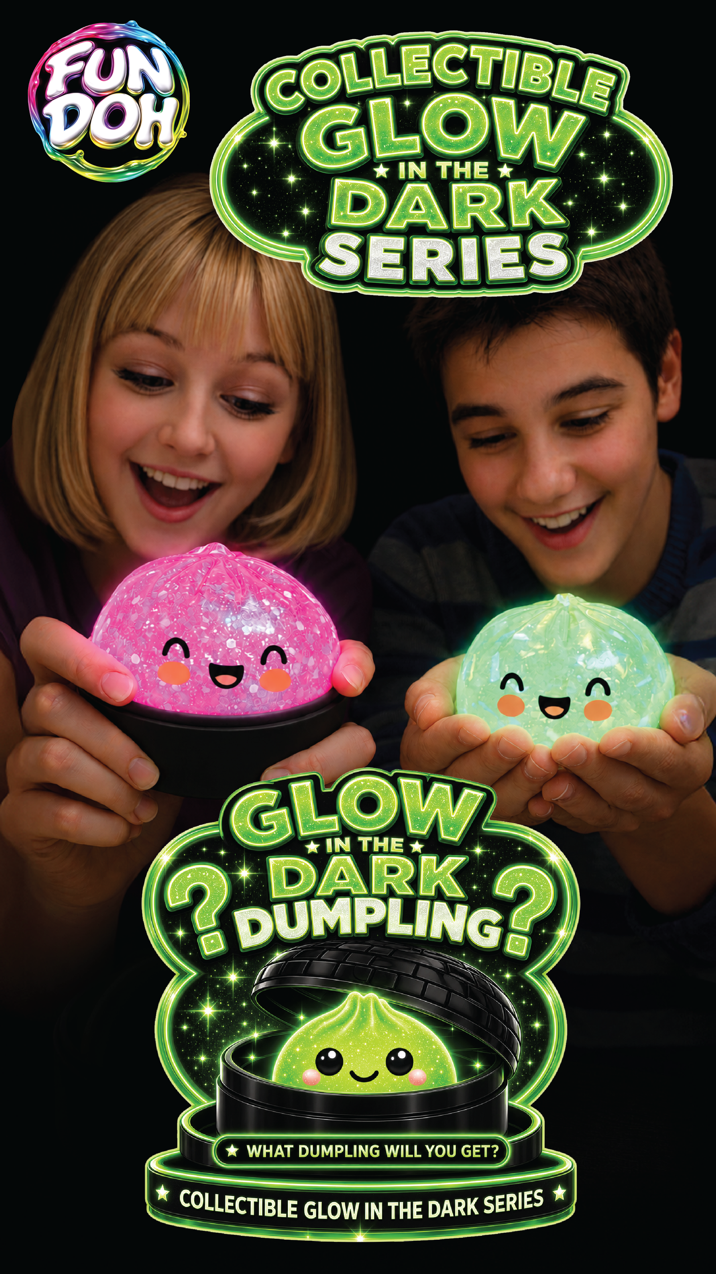 Two children holding glowing dumplings from the Fun Doh Collectible Glow in the Dark Series.