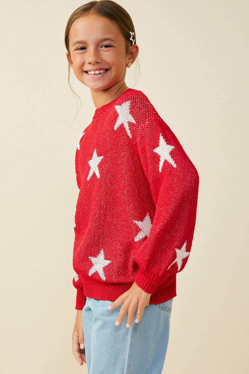 Girls Star Print Loose Knit Sweater Top