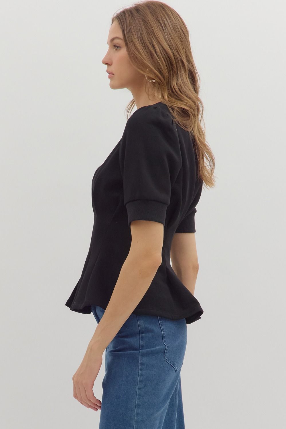 French Terry Pleated Flared Hem Top