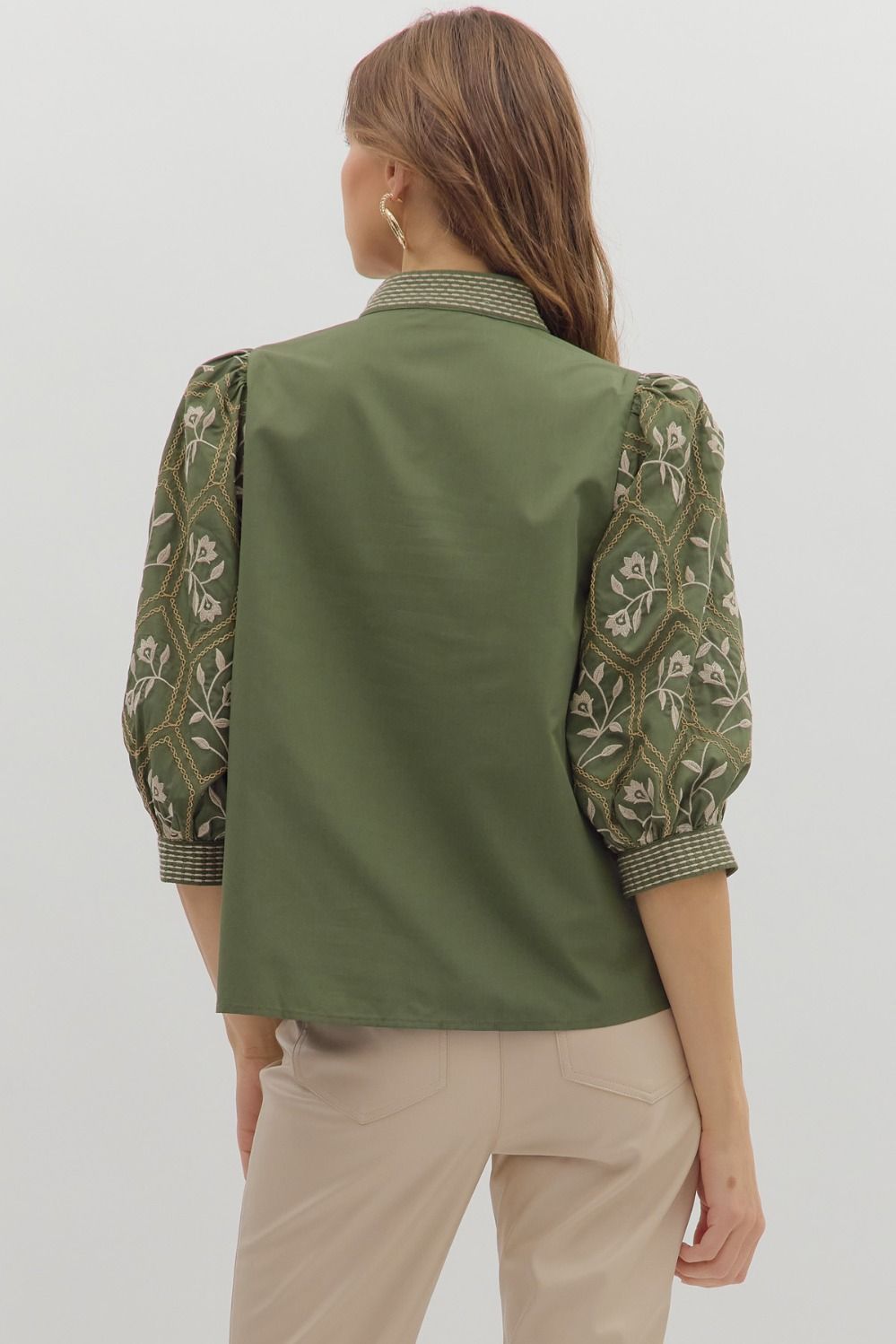 Kelly Embroidered Sleeve Top Olive