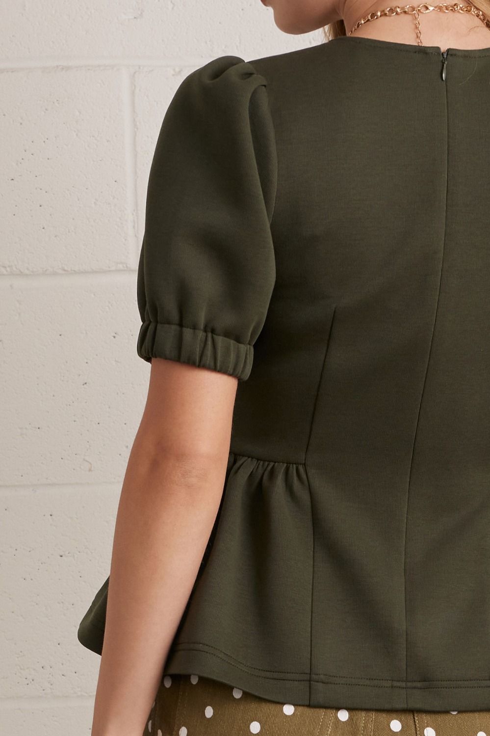 Round Neck Peplum Hem Top Olive