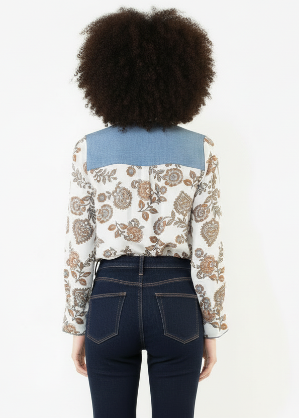 THML Long Sleeve Floral Detail Button Up Top