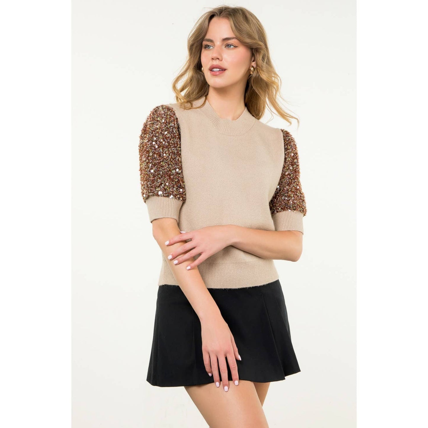 Sequin Sleeve Knit Top