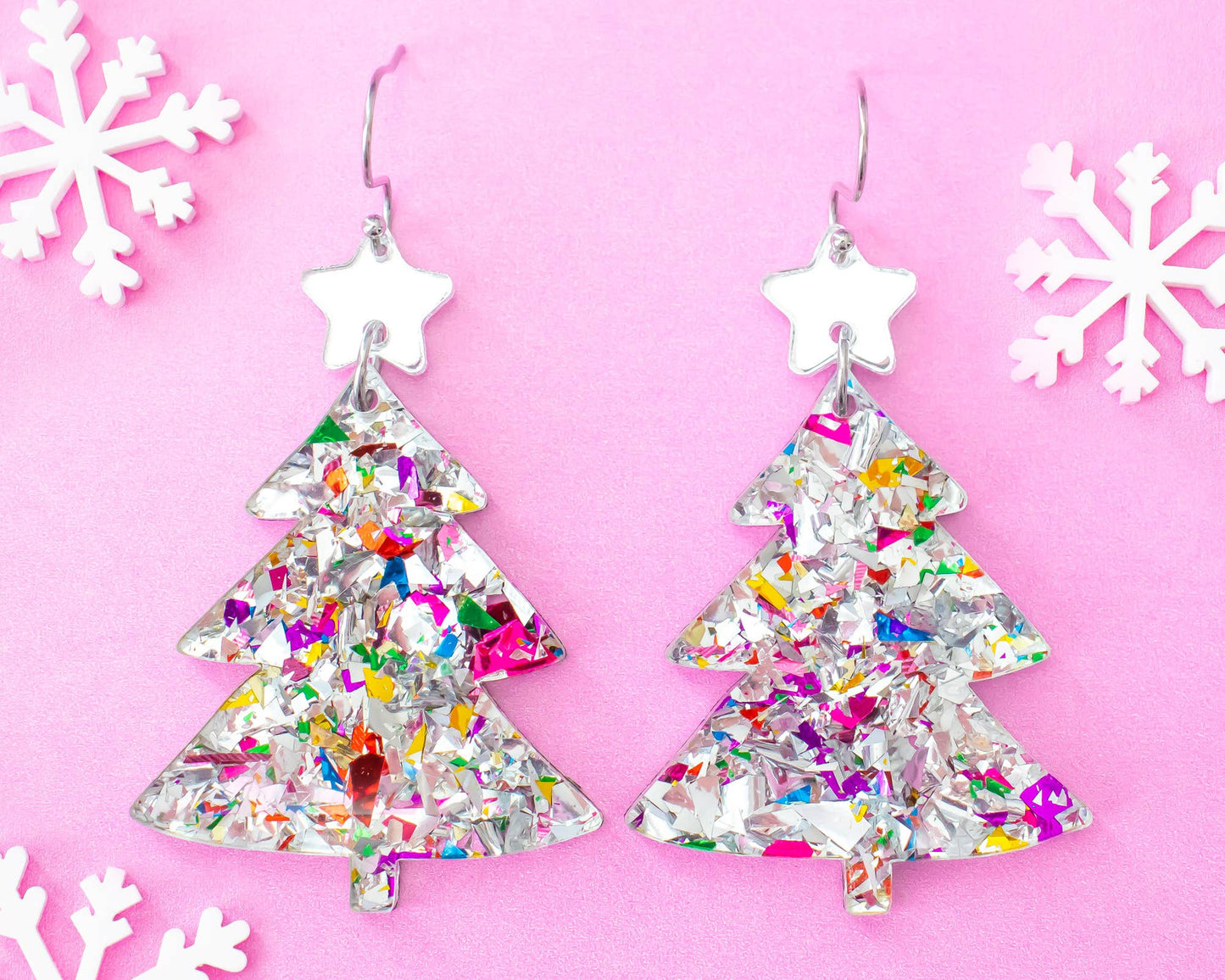 Christmas Tree Silver Glitter Holiday Earrings