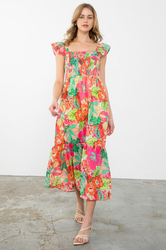 Smocked Floral Print Midi Dress