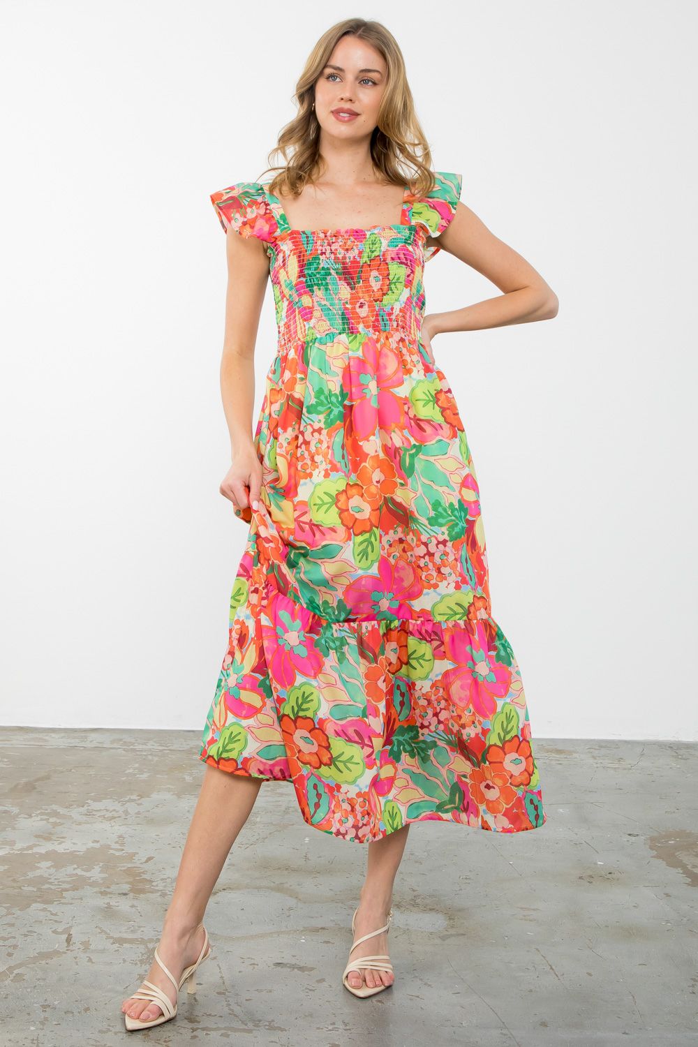 Smocked Floral Print Midi Dress