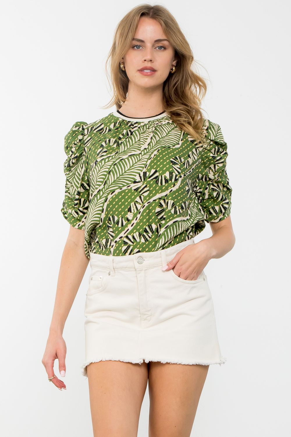 Ruched Sleeves Tropical Print Top