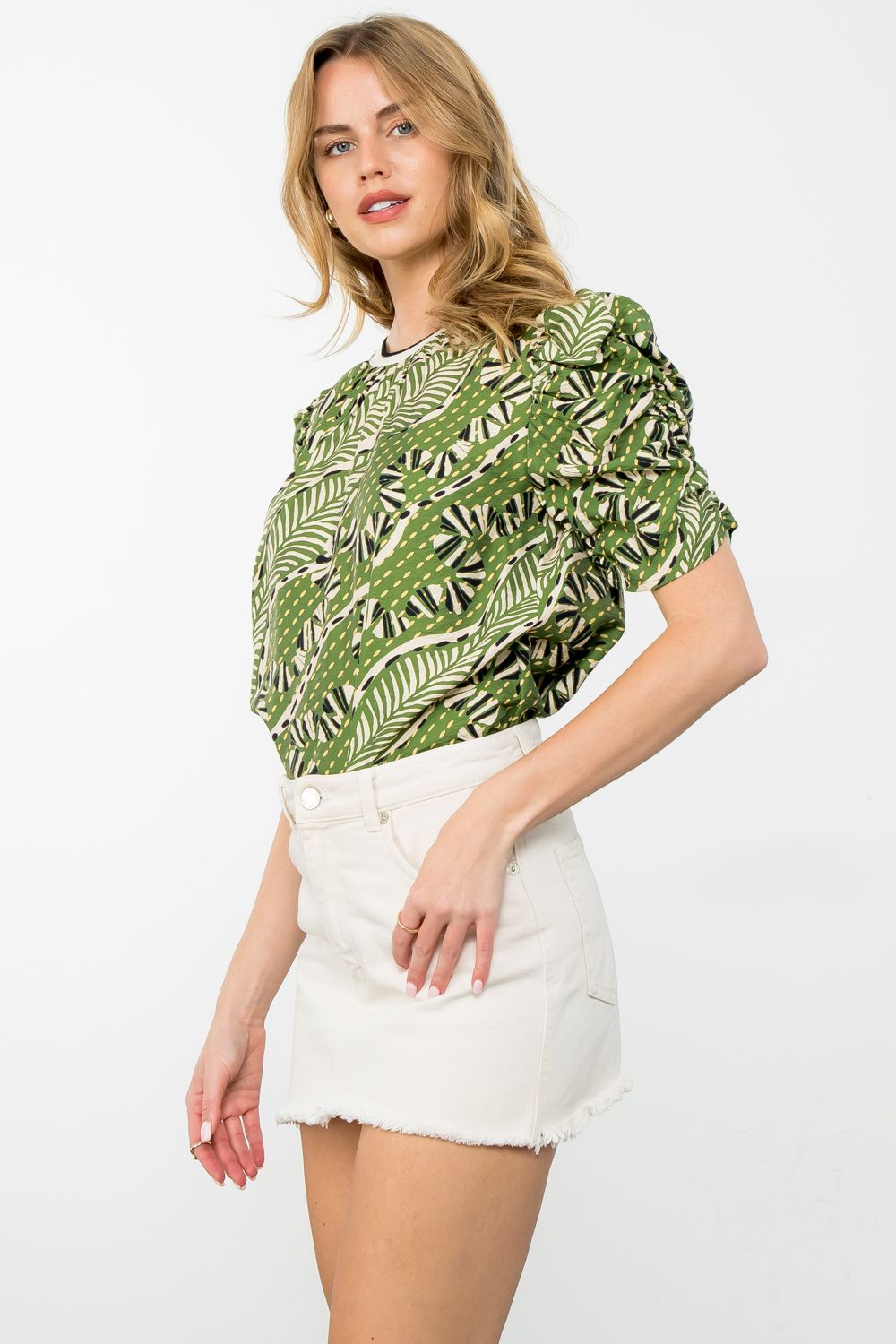 Ruched Sleeves Tropical Print Top