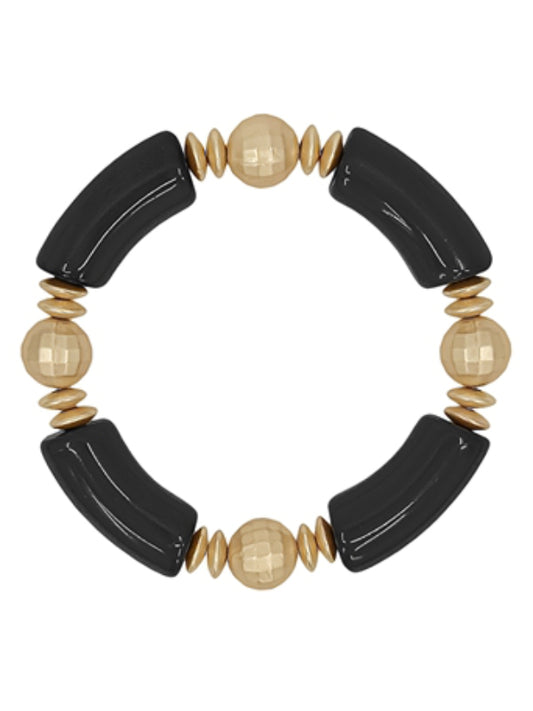 Black Acrylic & Gold Beaded Stretch Bracelet
