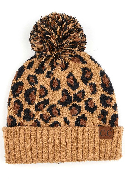 CC Leopard Knit Pom Pom Beanie
