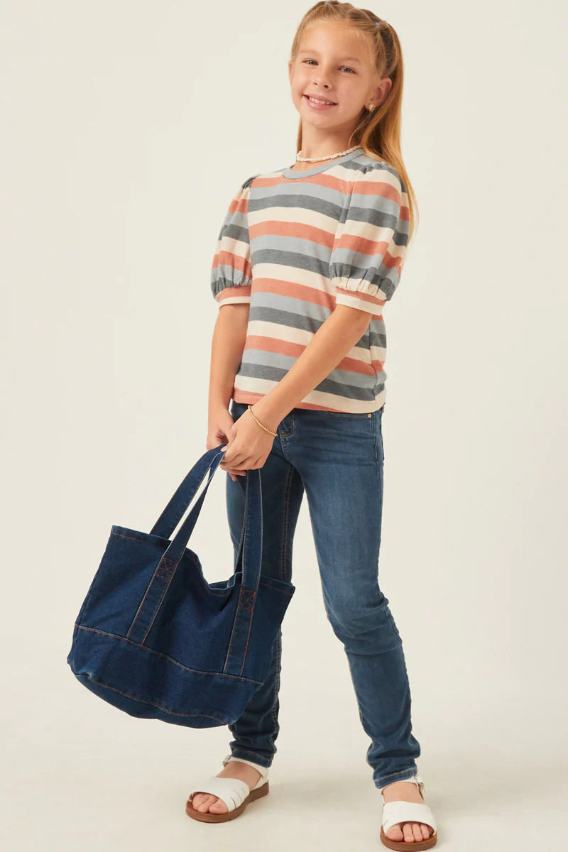 Girls Stripe Terry Puff Sleeve Tee