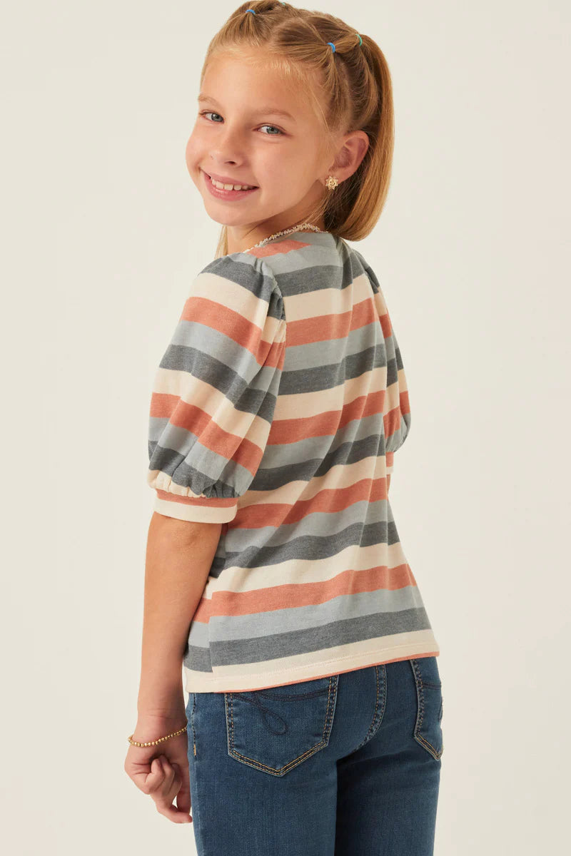Girls Stripe Terry Puff Sleeve Tee