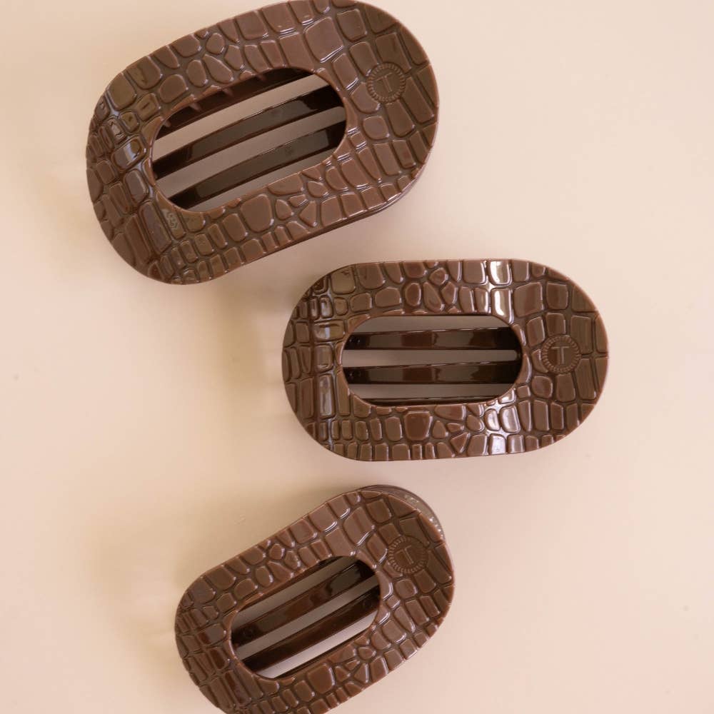 TELETIES - Brown Crocodile Medium Flat Round Hair Clip